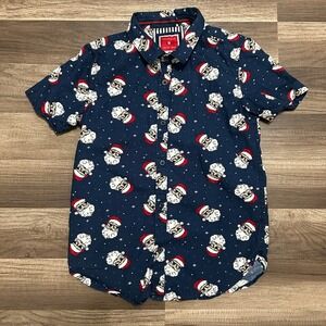 Cactus Boys Santa Button Down Shirt Kids 9/10 Navy Blue Red Cool Santa Christmas